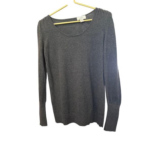 LOFT Charcoal Scoop Neck Sweater Statement Sleeves Back Keyhole Size M - Picture 2 of 7